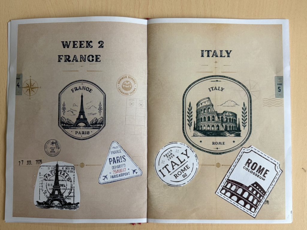 ヨーロッパ各国の文化・国旗を学び学習パスポートにスタンプを押す様子